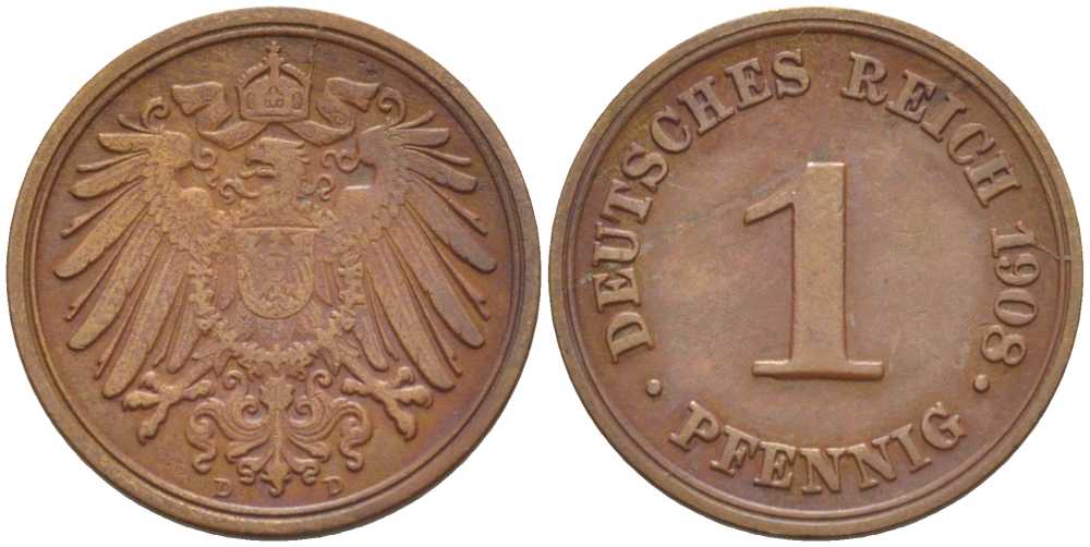 ГЕРМАНИЯ 1 ПФЕННИГ 1908 D KM 10, J. 10, Weege 2 медь 211-413