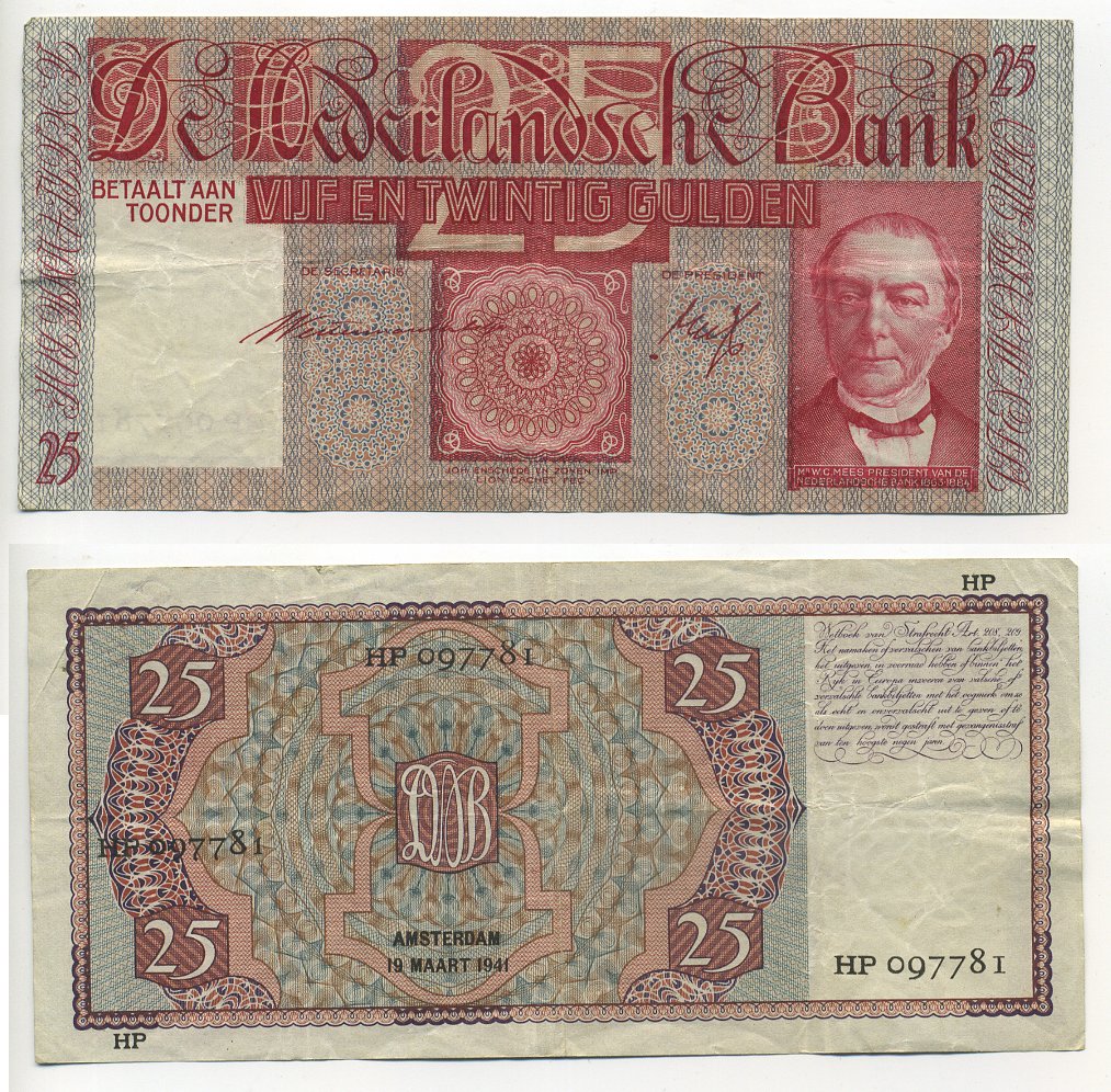 НИДЕРЛАНДЫ 25 ГУЛЬДЕНОВ 1941 Pick 50 бумага 6301-3-3