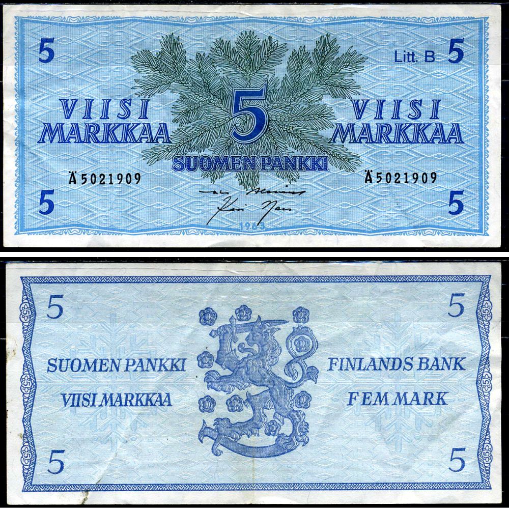 Финляндия 5 марок 1963 Pick 106Aa(38) бумага 3295-50-1-2