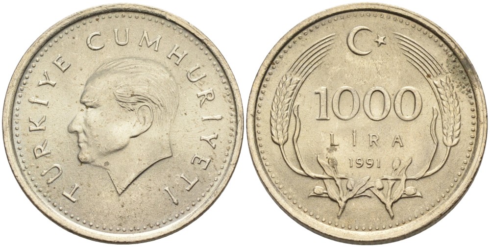 Турция 1000 лир 1991 Кемаль Ататюрк KM 997 медь никель цинк UNC 4561-132