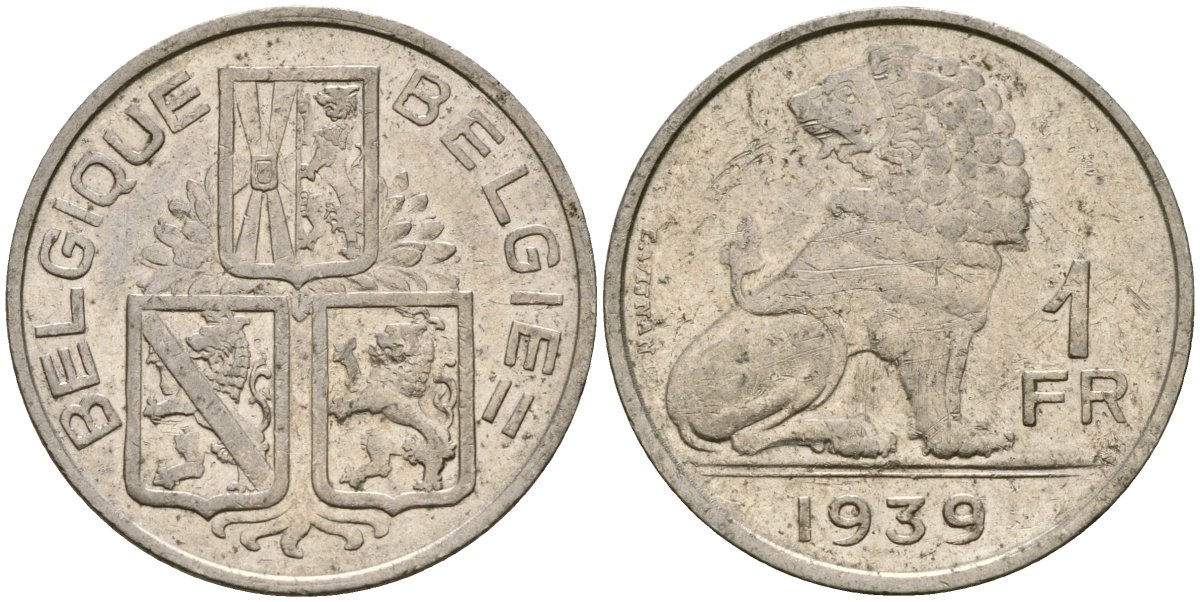 Бельгия 1 франк 1939 BELGIQUE - BELGI? KM 119 никель 210-1155