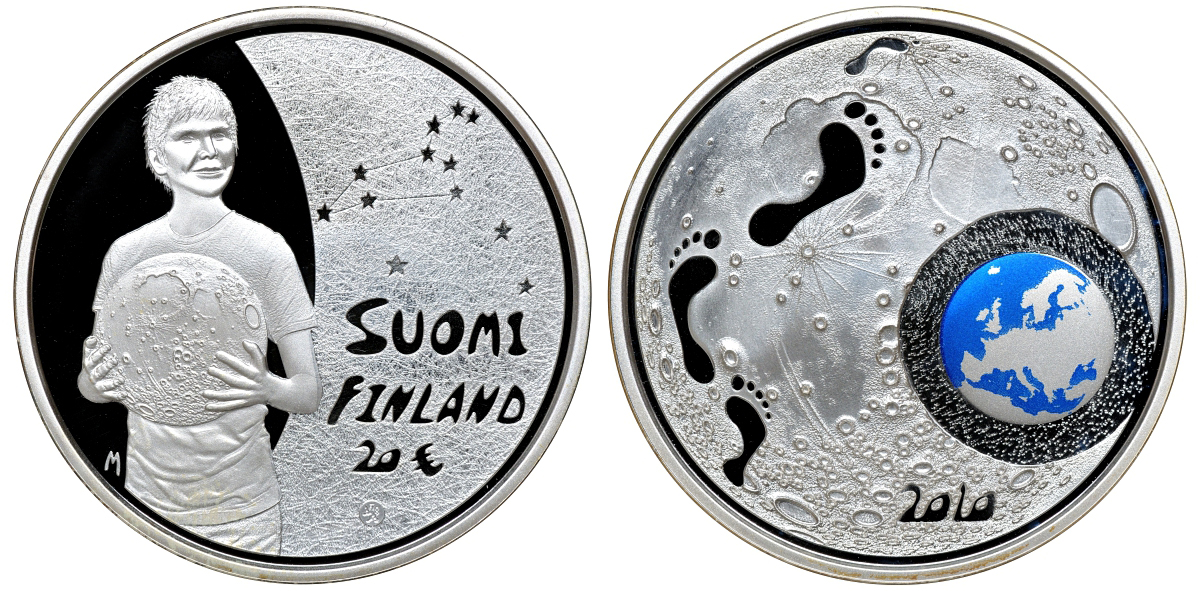 Финляндия 20 евро 2010 в оригинальной коробке, с сертификатом, цветная эмаль, луна, земля KM 153 серебро PROOF 4-3-3-30