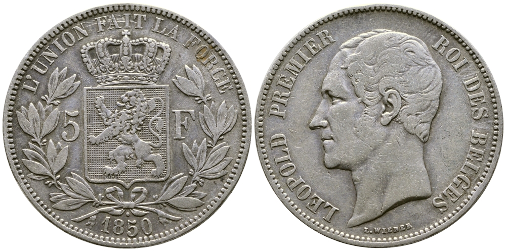Бельгия 5 франков 1850 Леопольд I (1831-1865), точка над датой KM 17 серебро 74-1125