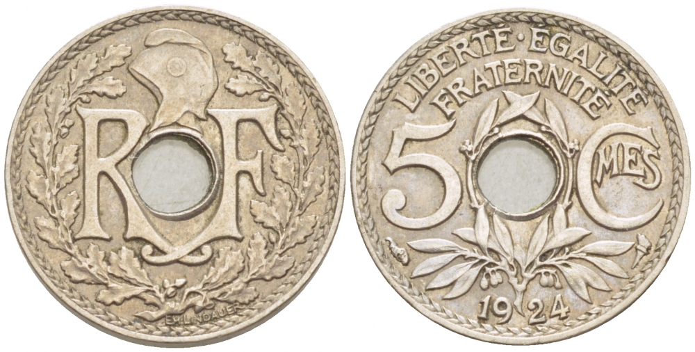 ФРАНЦИЯ 5 САНТИМОВ 1924 ТИП ЛИНДАЙЁ KM 875 медно-никель 3309-1015