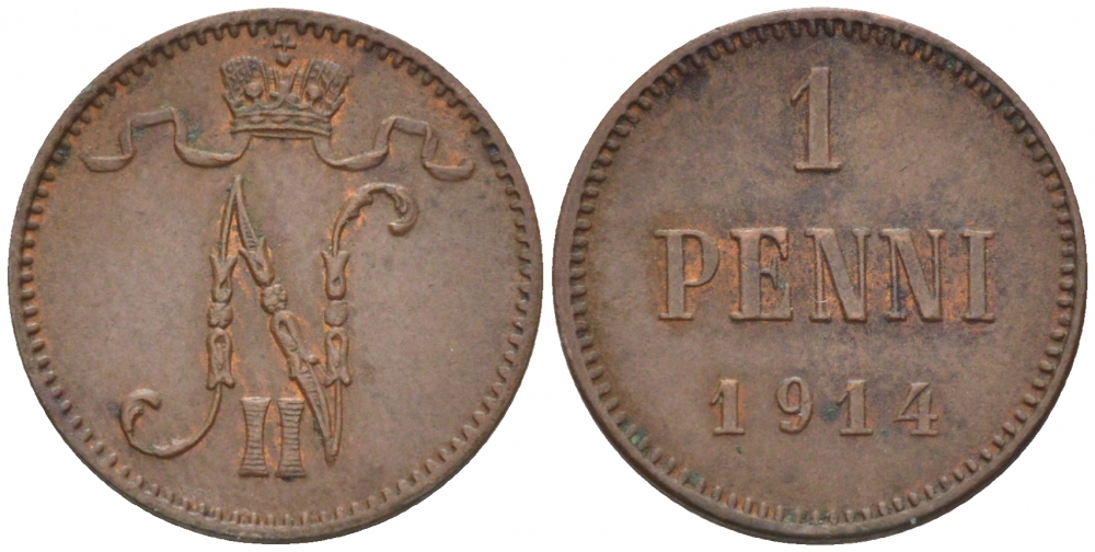 Россия для Финляндии 1 пенни 1914 Николай II (1894-1917) KM 13, Биткин 474 медь 4396-1414