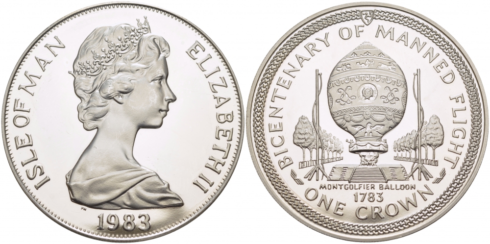 Остров Мэн 1 крона 1983 серия 200 лет пилотируемому полету, воздушный шар братьев Монгольфье КМ 103a серебро PROOF 1078-1-52