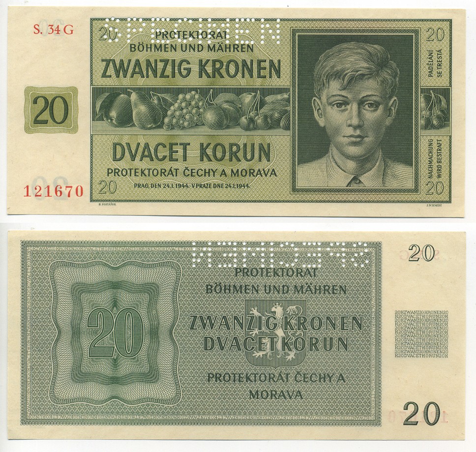 БОГЕМИЯ И МОРАВИЯ 20 КРОН 1944 ОБРАЗЕЦ Pick 9s бумага UNC (ПРЕСС) 000-00-00