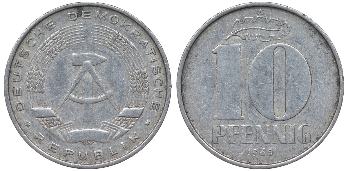 ГДР 10 пфеннигов 1968 A KM 10 алюминий 62-755
