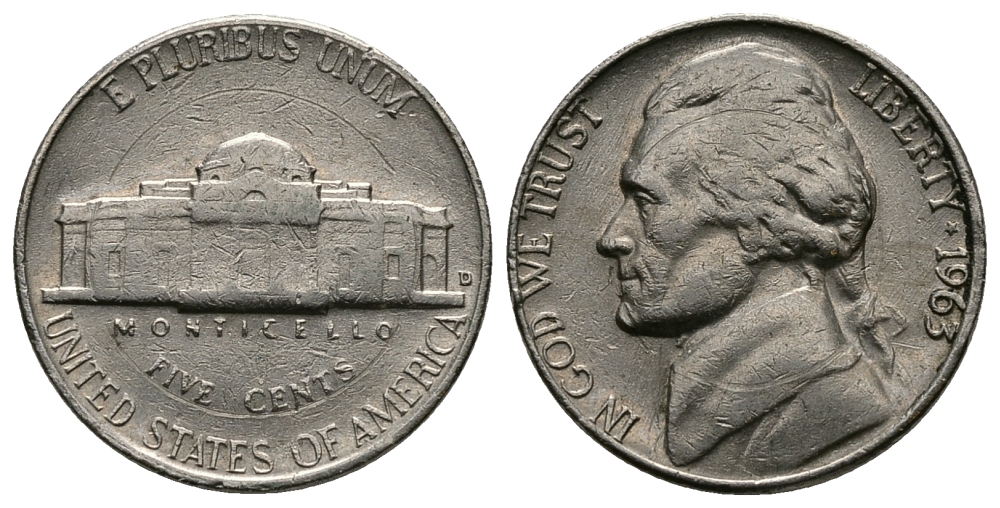 США 5 ЦЕНТОВ 1963 ДЖЕФФЕРСОН KM А192 медно-никель 89-352