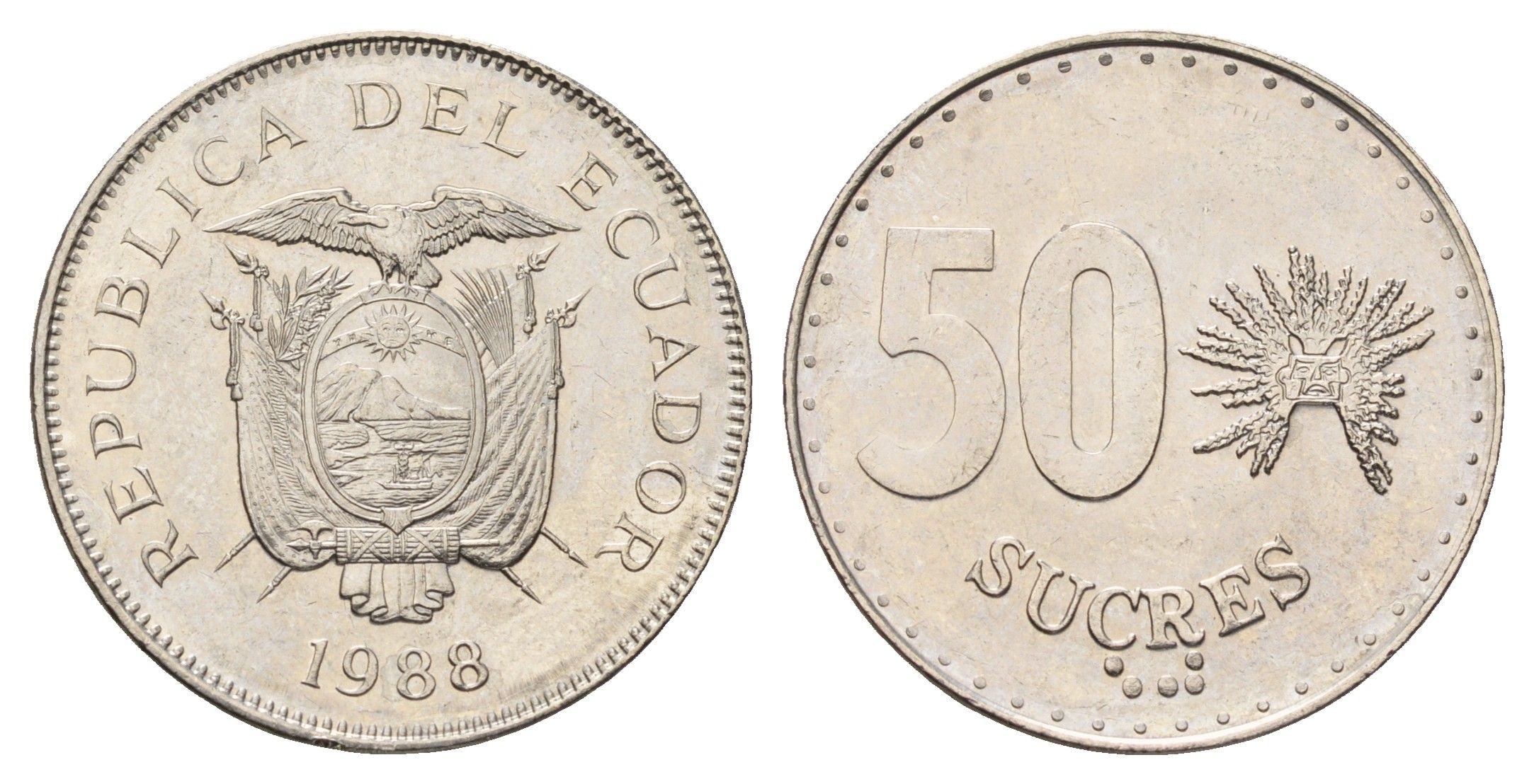 Эквадор 50 сукре 1988 KM 93 сталь плакированная никелем UNC 4698-653
