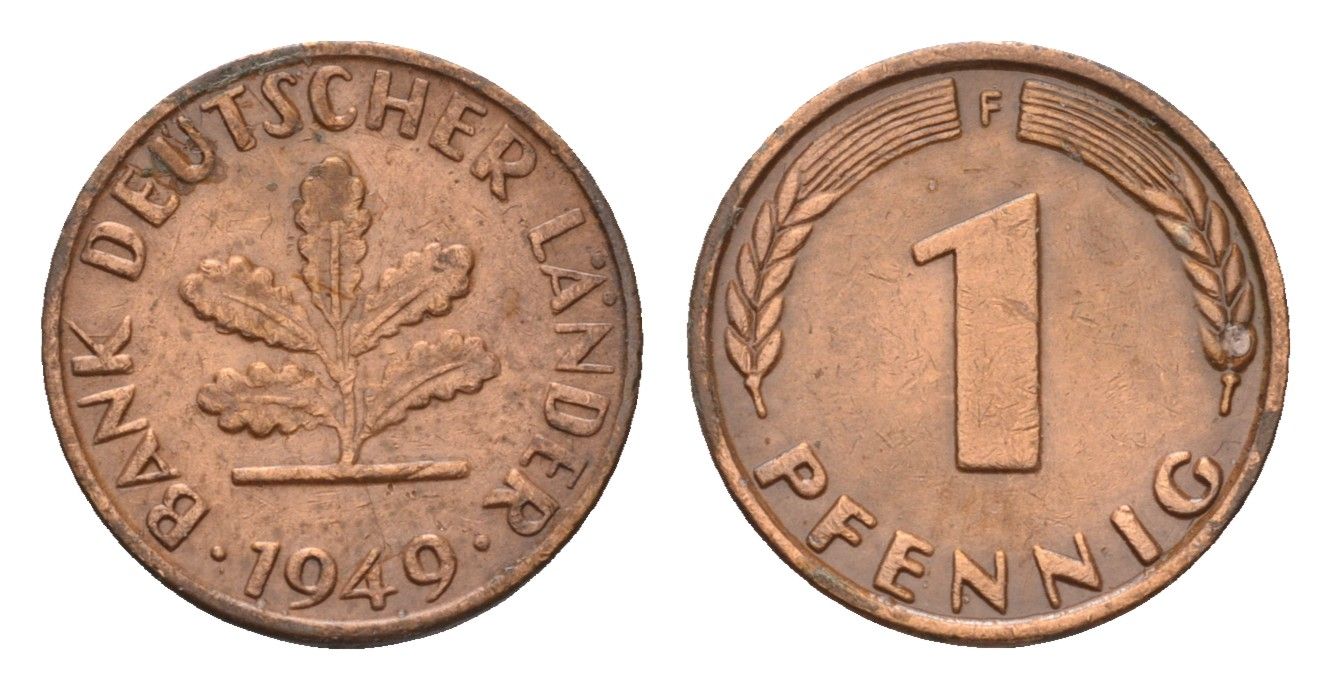 ФРГ 1 пфенниг 1949 F KM A101, J. 376 сталь плакированная медью 4630-269