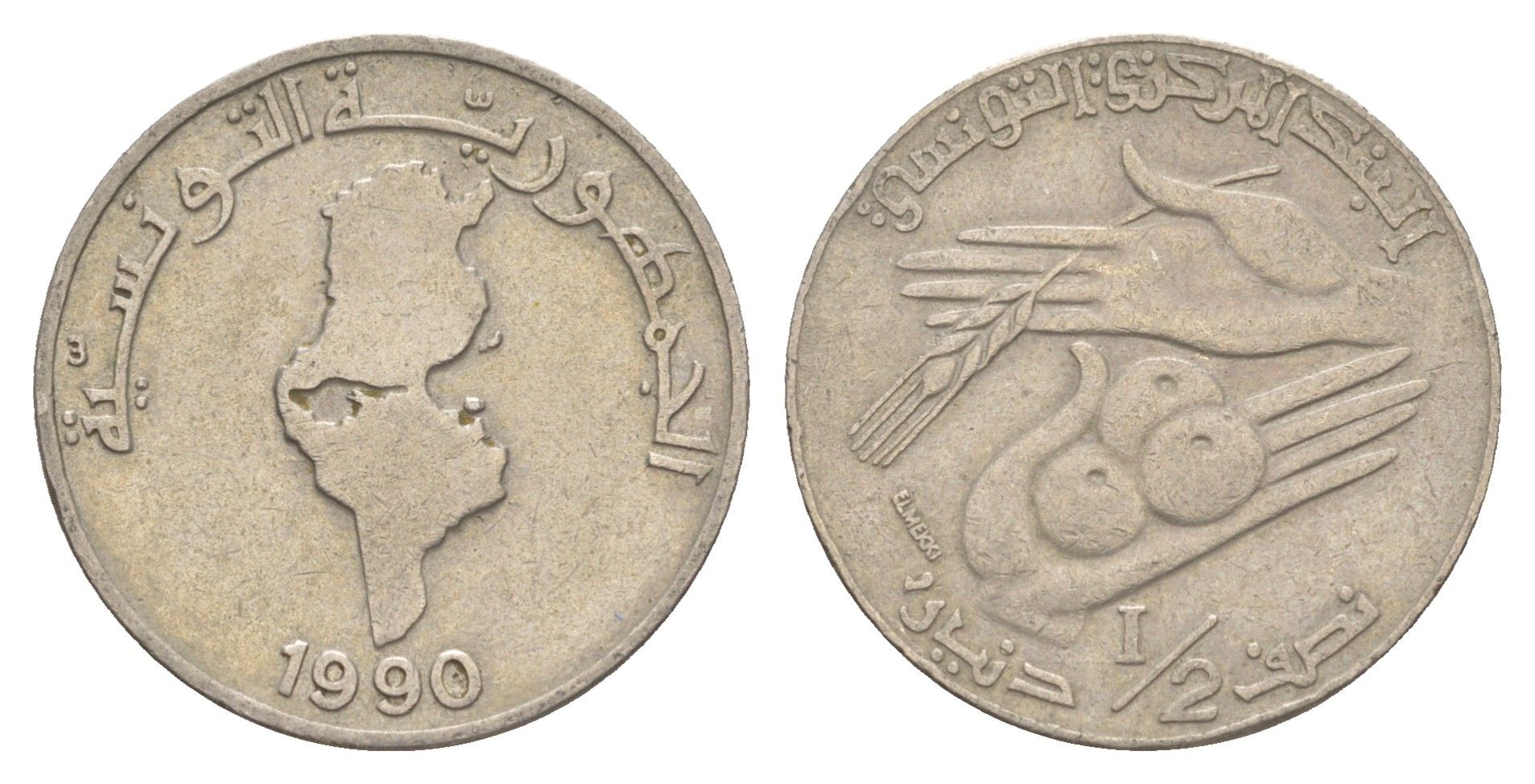 Тунис 1/2 динара 1990 KM 318 медно-никель 4513-143