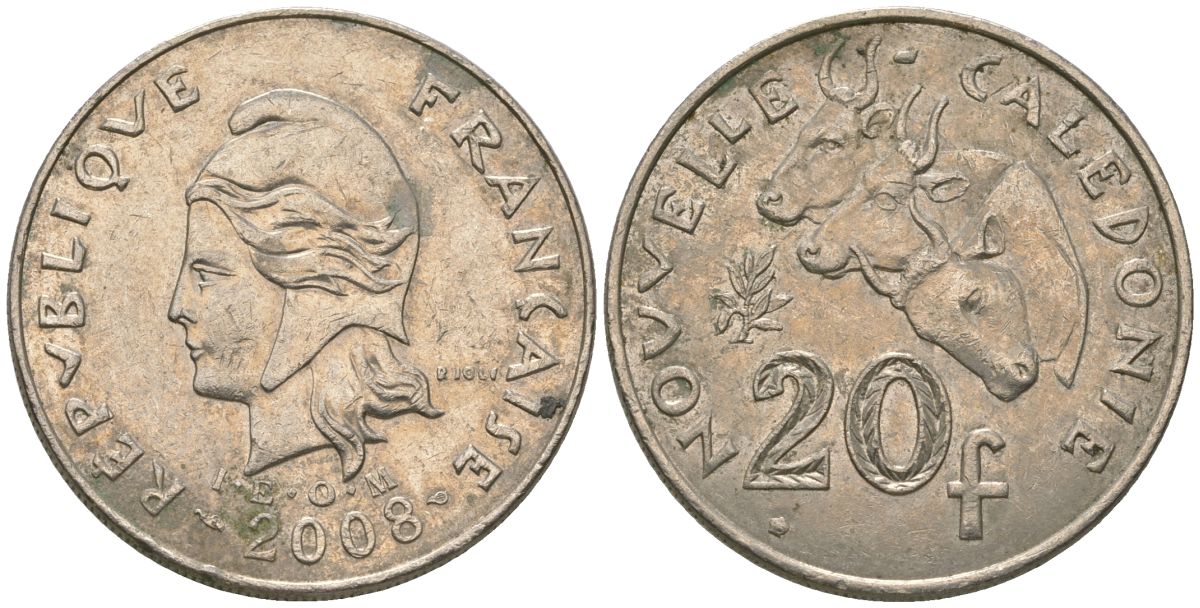 Французская Новая Каледония 20 франков 2008 три быка, (IEOM) KM 12a, Schoen 14a, Lec 115j медно-никель 81-1136