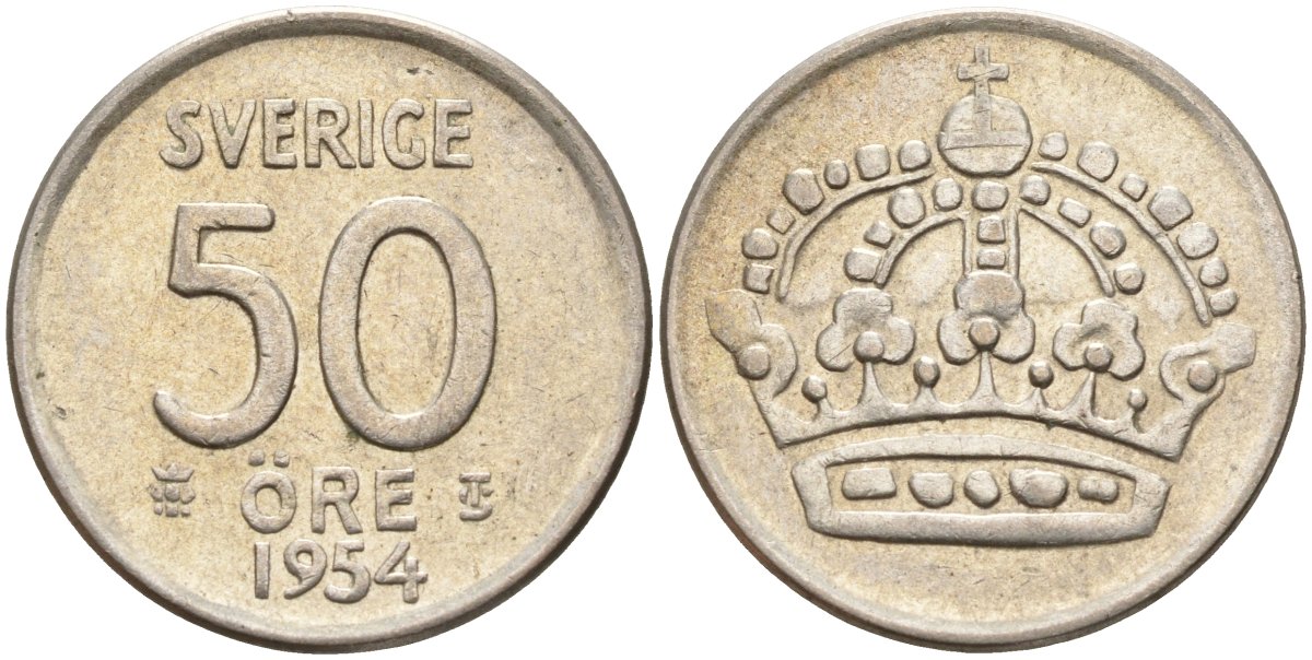 Швеция 50 эре 1954 TS, Густав VI Адольф (1950-1973) KM 825 серебро 4148-933