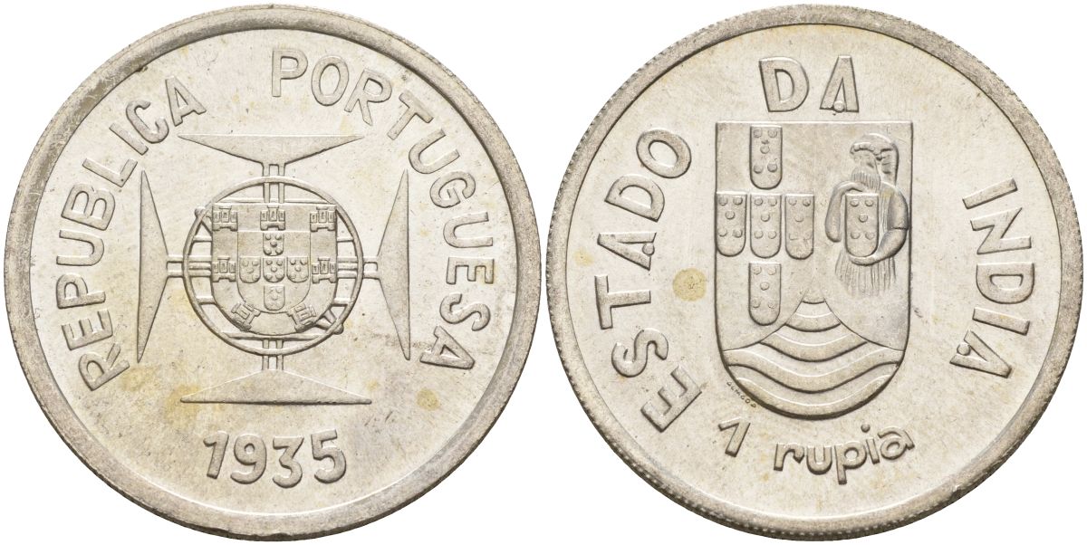 Португальская Индия 1 рупия 1935 мальтийский крест KM 22 серебро 1529-922