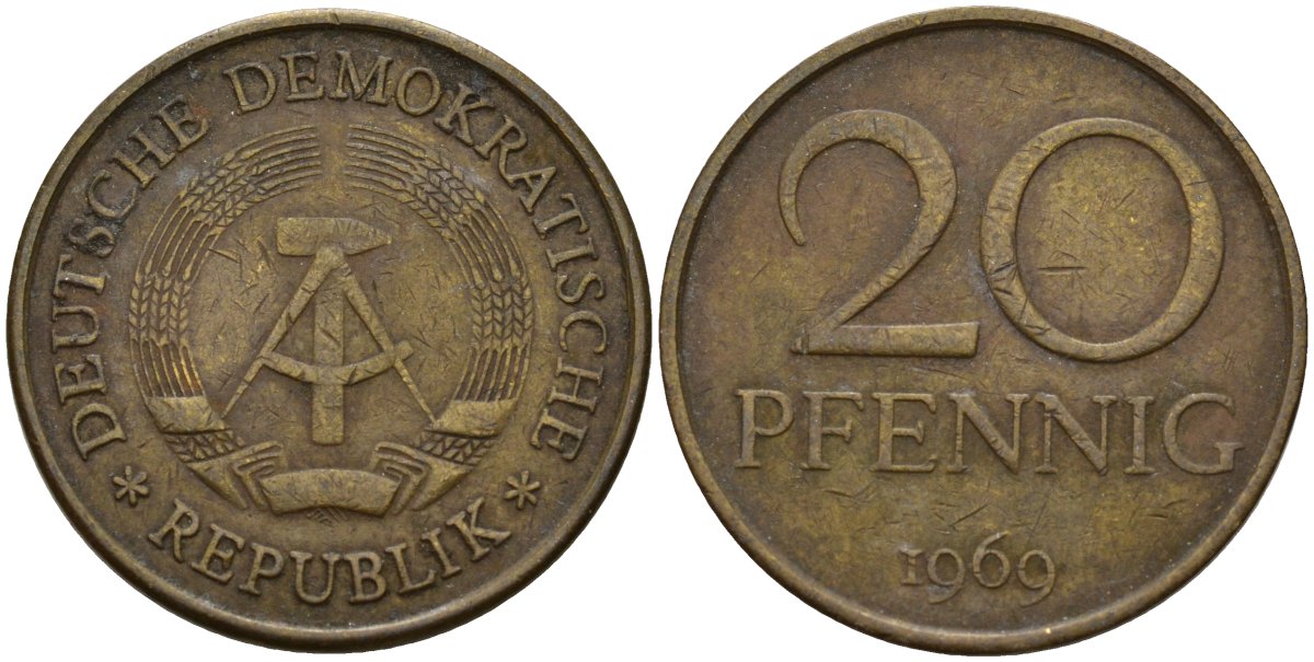 ГДР 20 пфеннигов 1969 A, первый год KM 11 латунь 4187-751