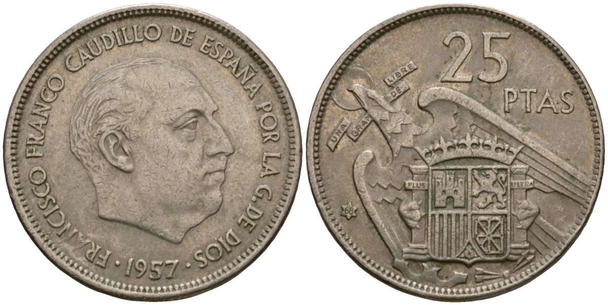 Испания 25 песет 1957 (68) KM 787 медно-никель 92-726