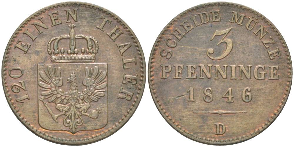 Бранденбург-Пруссия 3 пфеннига 1846 D, Фридрих Вильгельм IV (1840-1861), вес 4,53 гр. KM 453, Jg. 52, AKS 90. медь 31-1135