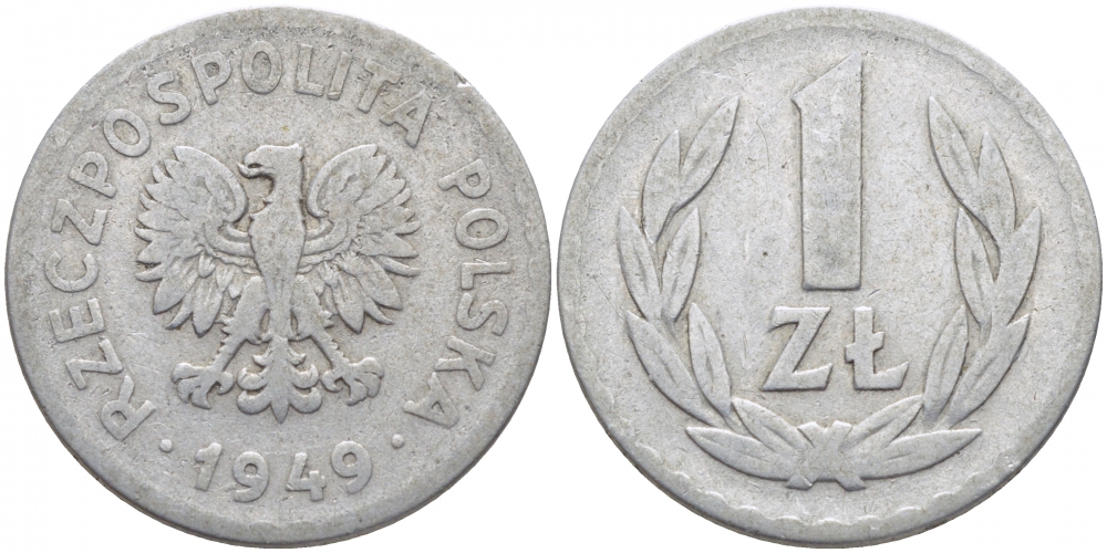 ПОЛЬША 1 ЗЛОТЫЙ 1949 KM 45а алюминий 4448-251