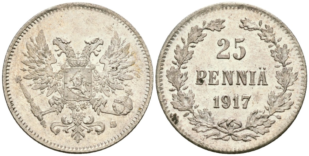 Россия для Финляндии 25 пенни 1917 S, временное правительство, без короны KM 19, Биткин 2 серебро aUNC 4580-1234