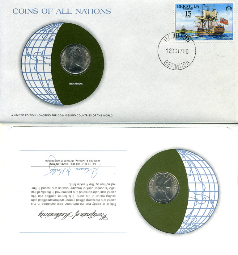 Бермудские острова 25 ЦЕНТОВ 1973 конверт с маркой первого дня гашения, Coins of Nations KM 18 медно-никель UNC 4294-16-3