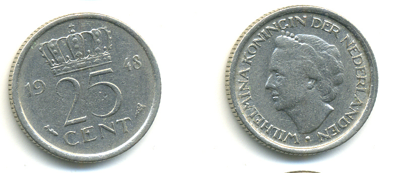 НИДЕРЛАНДЫ 25 ЦЕНТОВ 1948 ВИЛЬГЕЛЬМИНА KM 178 никель 83-1017