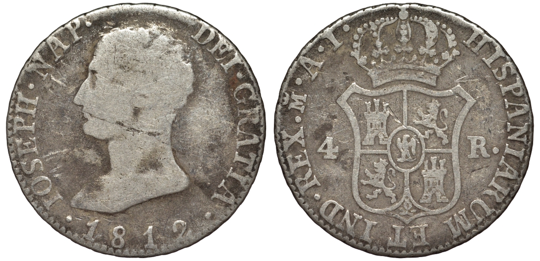 Испания 2 реала 1812 AI, ЖОЗЕФ БОНАПАРТ KM 540.1 (C 90.1) серебро 00-00