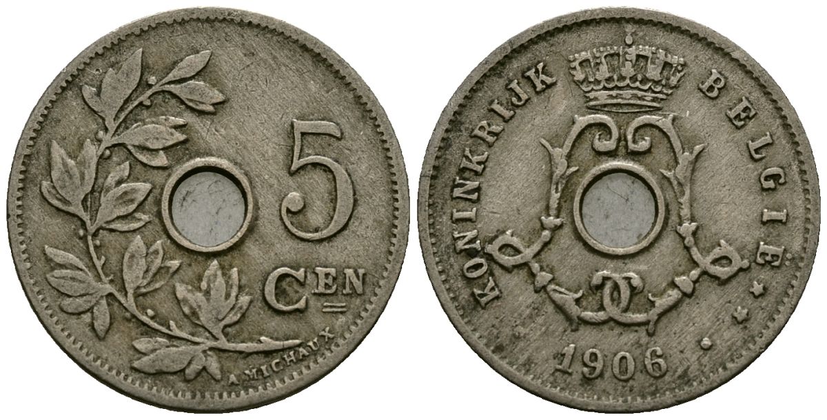 Бельгия 5 сантимов 1906 Belgie, Леопольд II (1865-1909) KM 55 медно-никель 4173-154