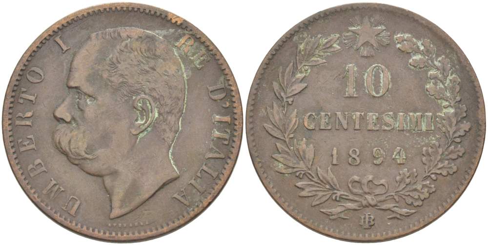 Италия 10 чентезимо 1894 B/I, Умберто I (1878-1900) KM 27.1 медь 4526-1016