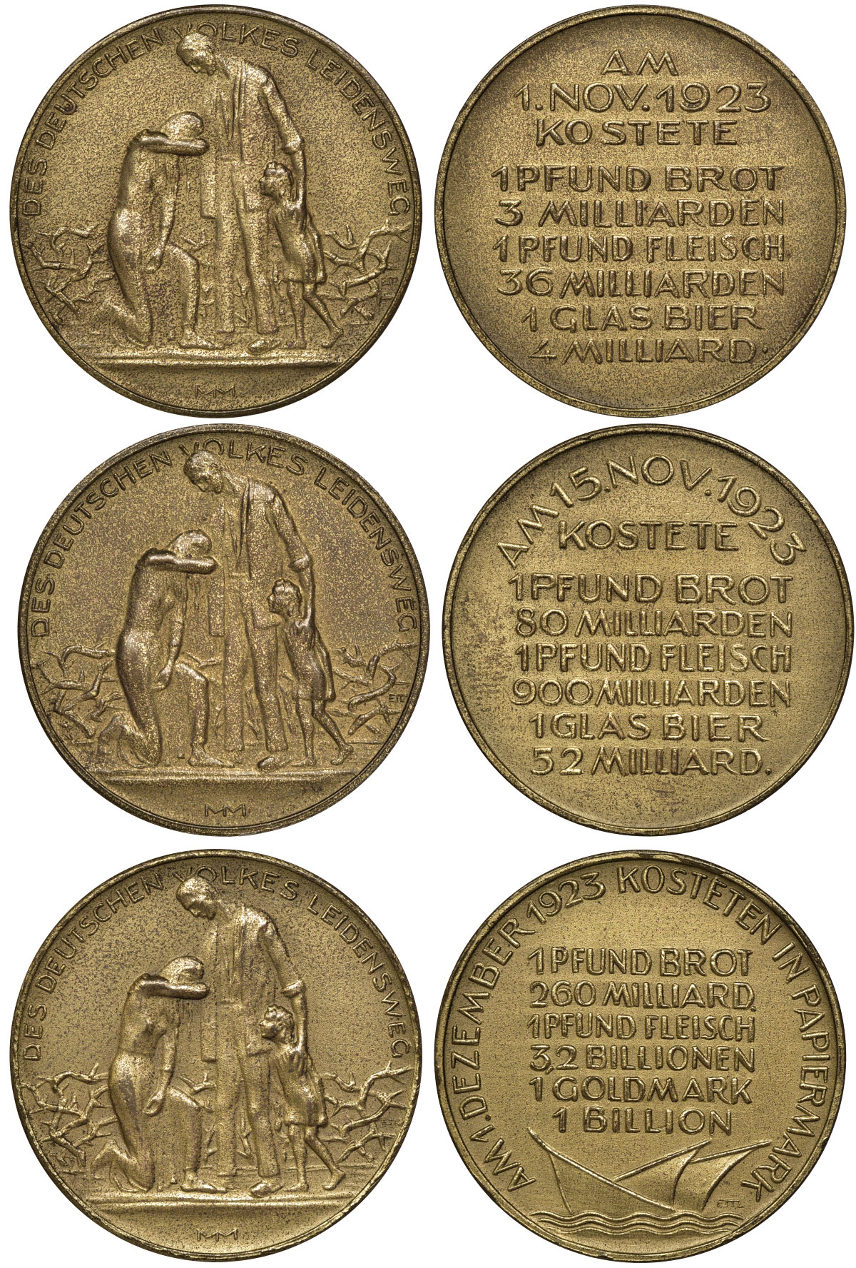 Германия набор из 3 медалей 1920-е гиперинфляция в Веймарской германии: 1) цены на 1 ноября 1923 года 2) цены на 15 ноября 1923 года 3) цены на 1 декабря 1923 года 3-4-3-22