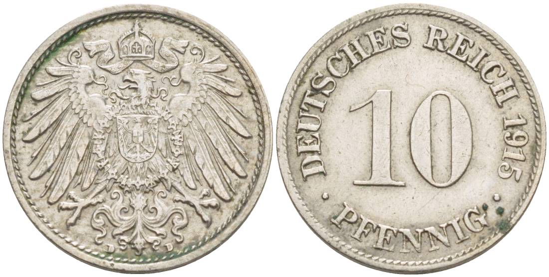 Германия 10 пфеннигов 1915 D KM 12, Jager 13, Weege 8 медно-никель 219-247