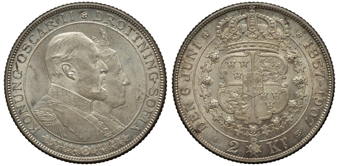 Швеция 2 кроны 1907 Оскар II (1872-1907) король Швеции, золотая свадьба KM 776 серебро 413-6122
