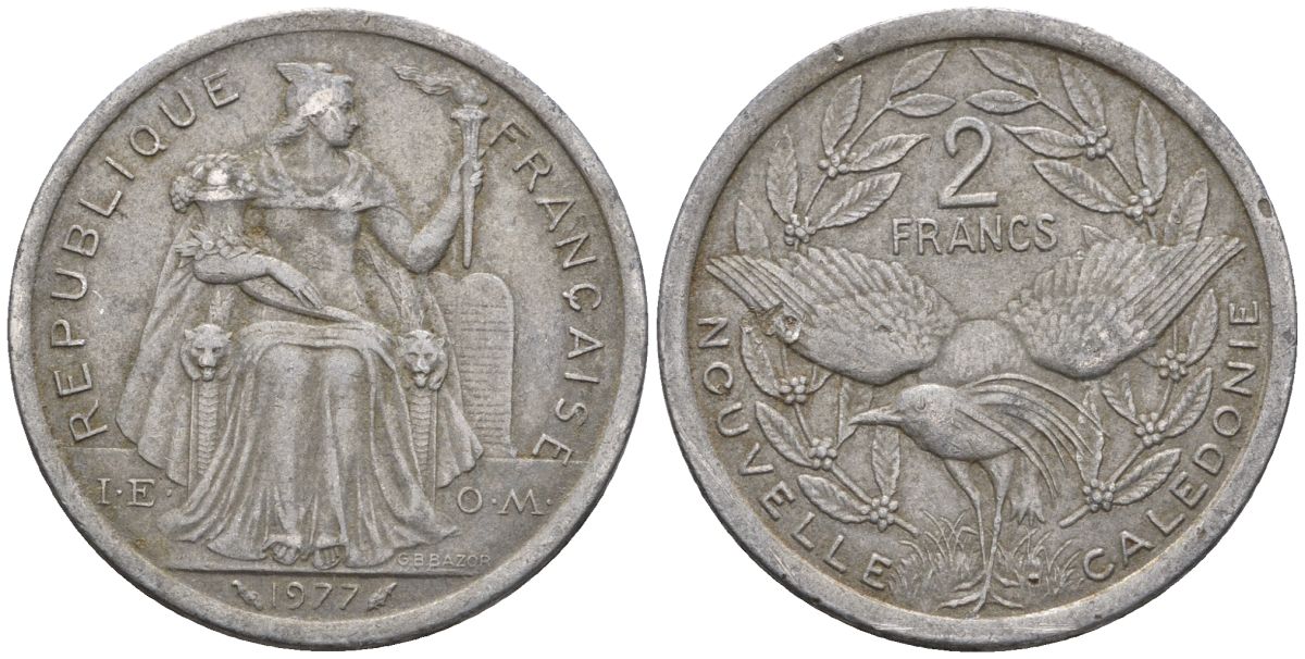 Французская Новая Каледония 2 франка 1977 птица кагу, (IEOM) KM 14, Schoen 11, Lec 58 алюминий    29-1021