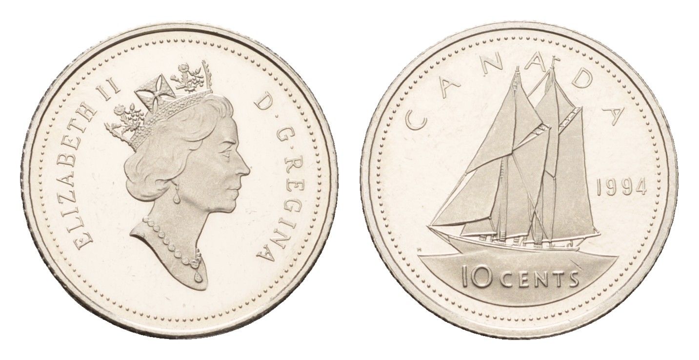 Канада 10 центов 1994 Елизавета II (1952-2022), парусник KM 183 никель PROOF 633-913