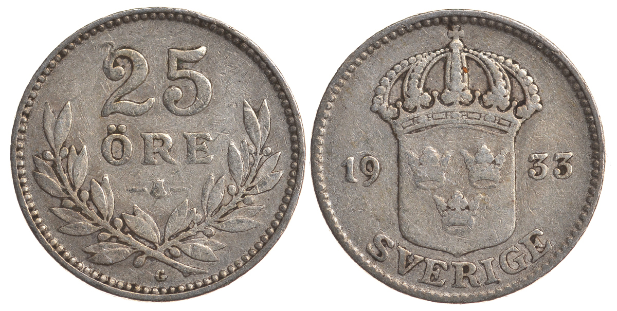 Швеция 25 эре 1933 G, Густав V (1907-1950) KM 785 серебро 4179-846