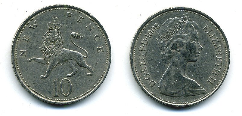 Великобритания 10 пенсов 1968 Елизавета II (1952-2022) KM 912, Spink 4231 (F1) медно-никель  4110-1042