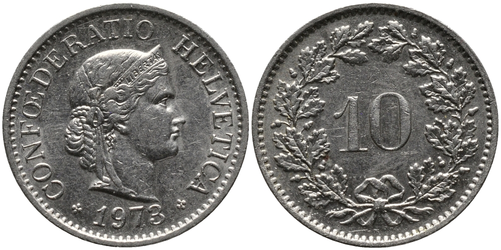 Швейцария 10 раппенов 1973 KM 27 медно-никель 33-252
