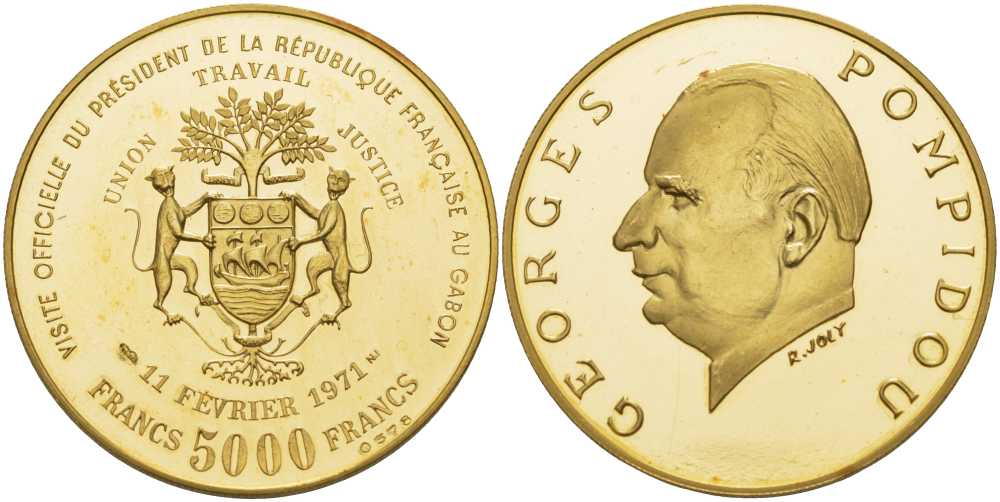 Габон 5000 франков 1971 ВИЗИТ ФРАНЦУЗКОГО ПРЕЗИДЕНТА ЖОРЖА ПОМПИДУ KM 11 золото PROOF 00-000-00