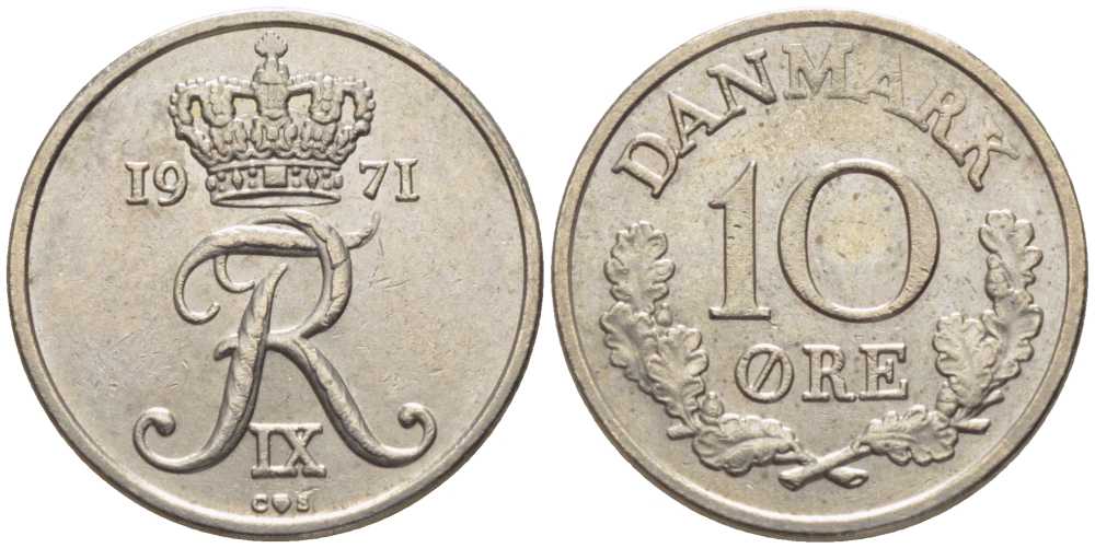 ДАНИЯ 10 ЭРЕ 1971 C;S, ФРЕДЕРИК IX (1947-1972) KM 849,1 медно-никель 201-1231