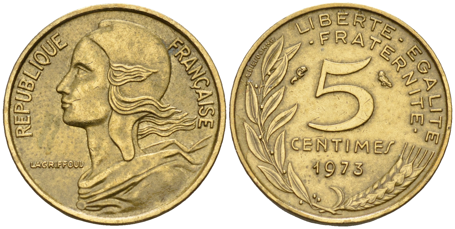 Франция 5 сантимов 1973 тип Марианна KM 933 медь алюминий никель    4152-1223