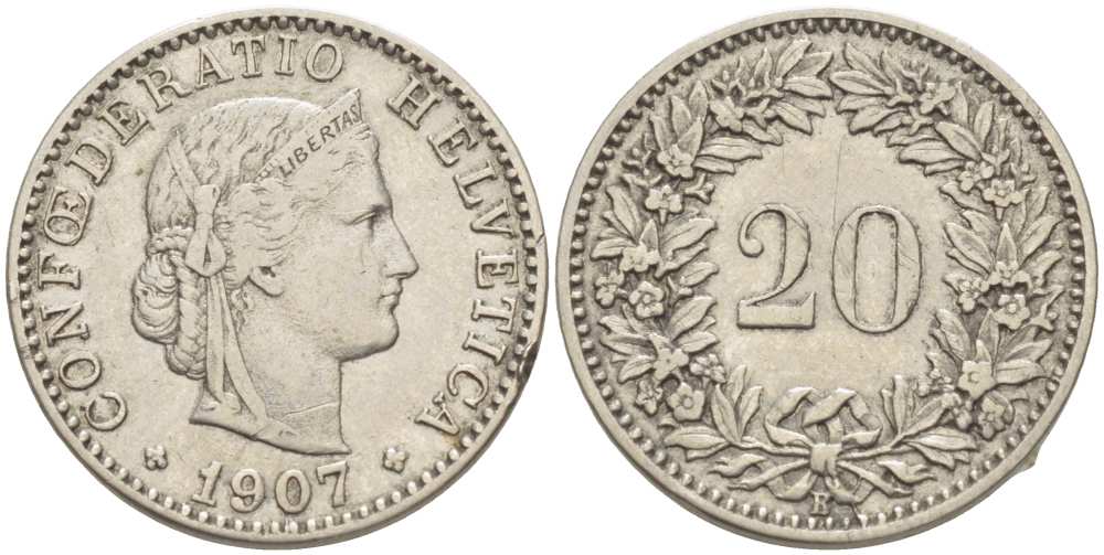 ШВЕЙЦАРИЯ 20 РАППЕНОВ 1907 В KM 29 никель 4513-245
