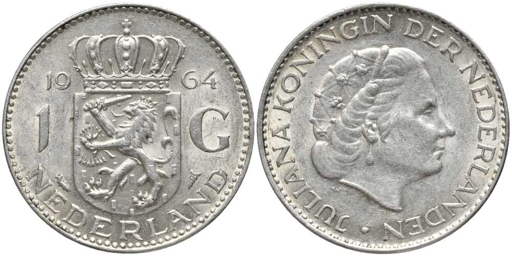 Нидерланды 1 гульден 1964 Юлиана (1948-1980) KM 184 серебро 202-556