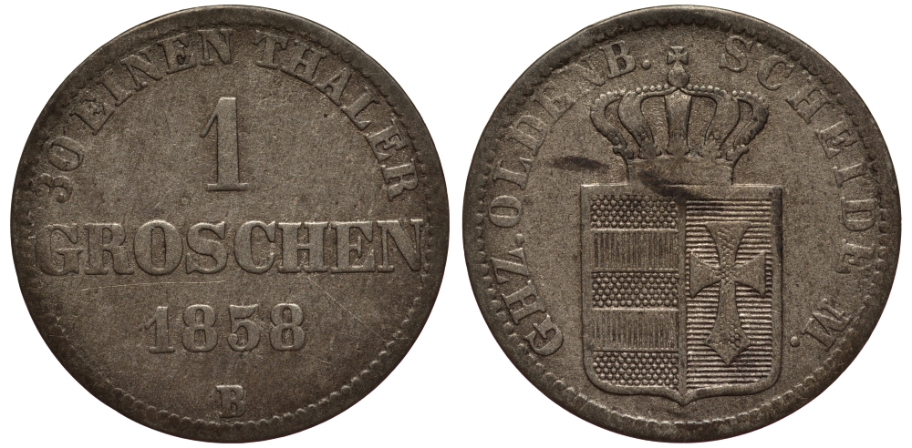 Ольденбург 1 грош 1858 Николаус Фридрих Петер (1853-1900), год тип KM 193 (C60) серебро 1517-615