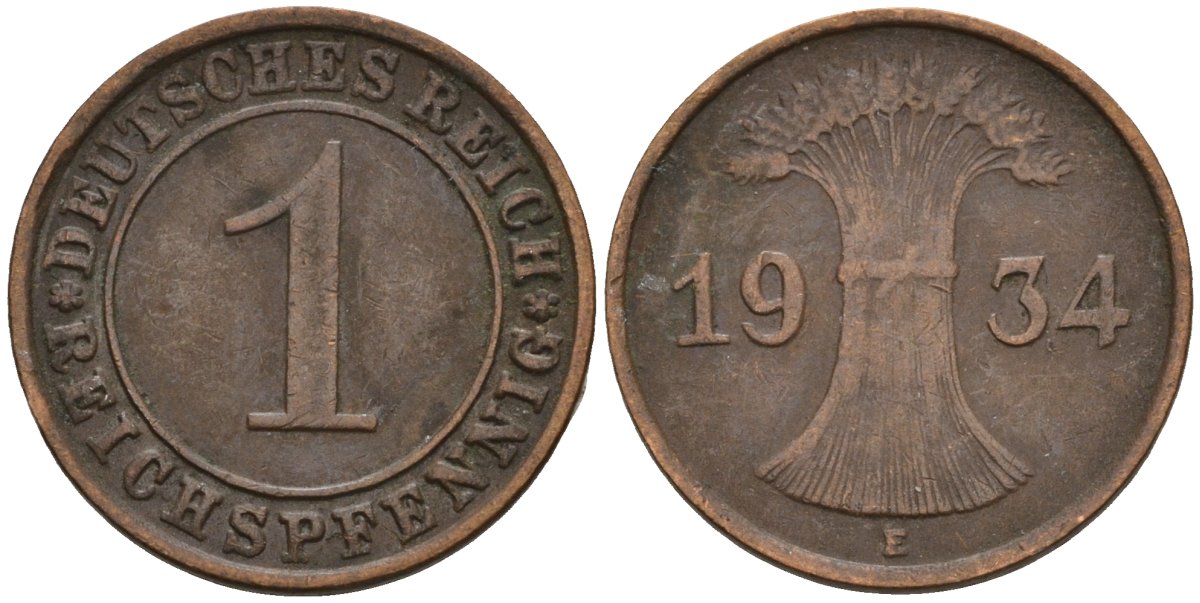 Германия 1 рейхспфенниг 1934 E KM 37, J. 313 бронза 4516-223