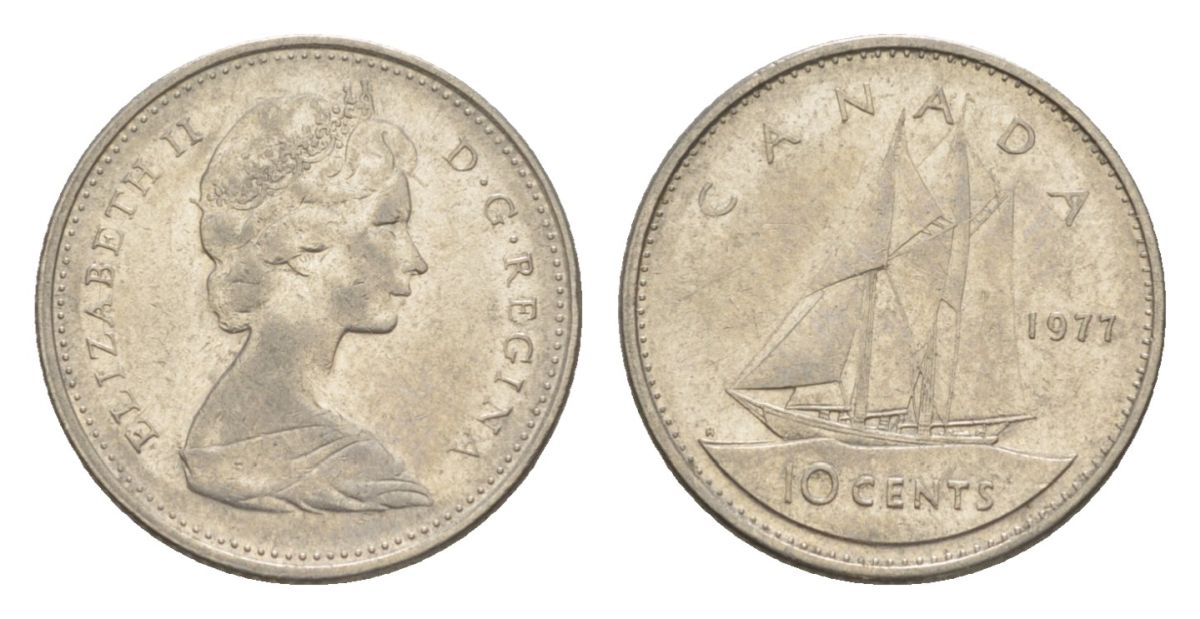 Канада 10 центов 1977 Елизавета II (1952-2022), парусник KM 77 никель 4630-826