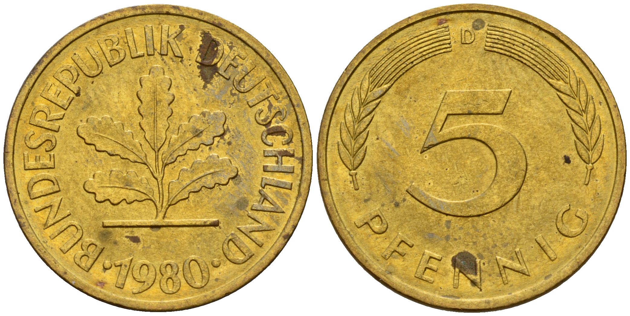 ФРГ 5 пфеннигов 1980 D J.382, KM 107 сталь плакированная латунью    4598-1025