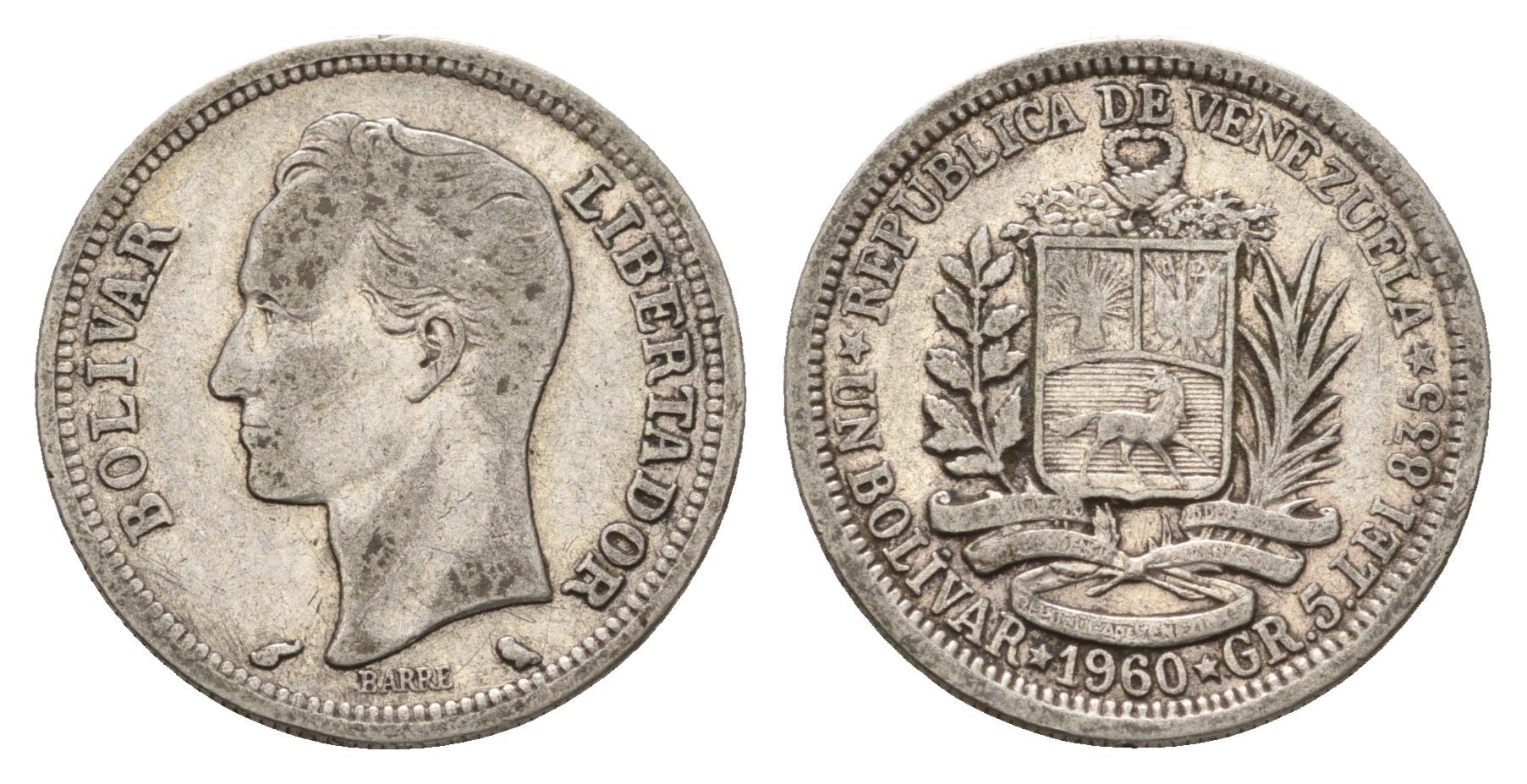 Венесуэла 1 боливар 1960 Симон Боливар Y 37a серебро 4128-725