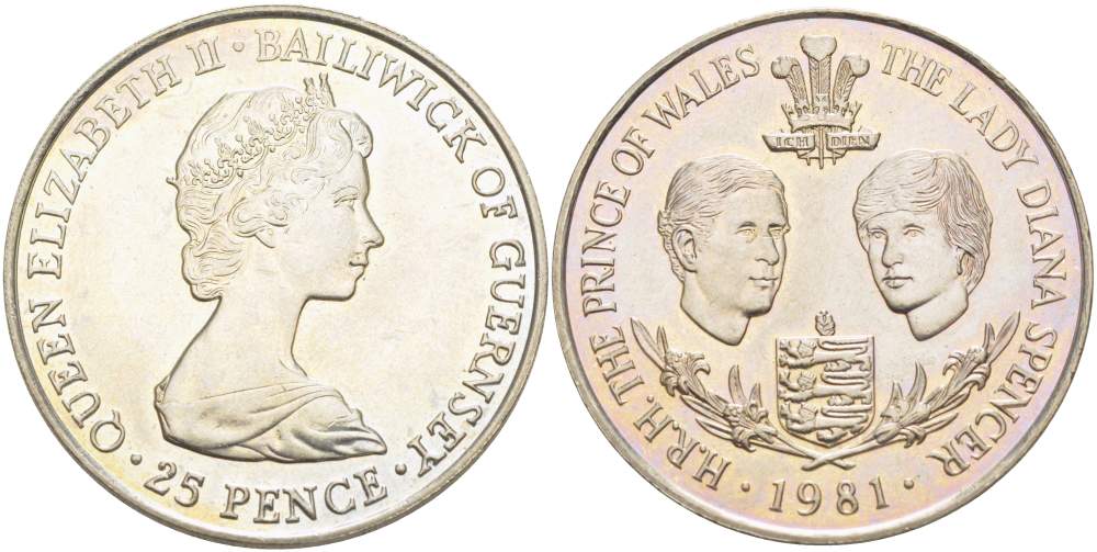Гернси 25 пенсов 1981 свадьба принца Чарльза Уэльского и леди Дианы KM 36 медно-никель UNC 4527-521