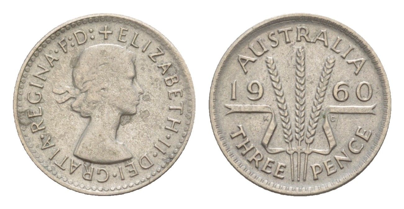 Австралия 3 пенса 1960 m, Елизавета II (1952-2022) KM 57 серебро 4630-225