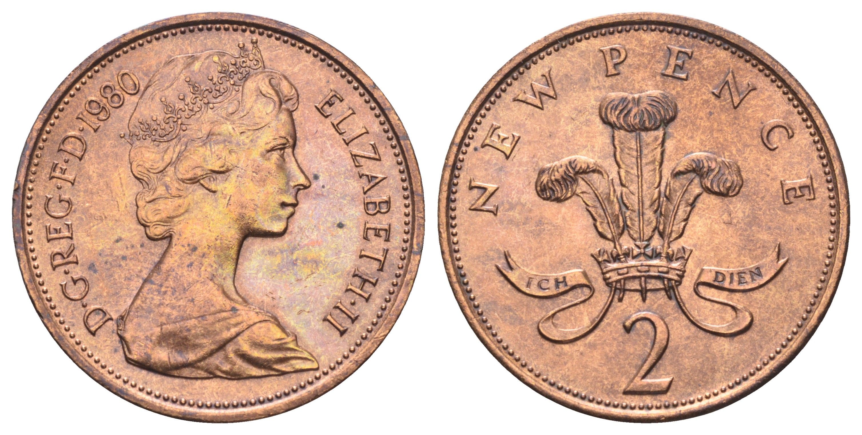 Великобритания 2 пенса 1980 Елизавета II (1952-2022) KM 916, Spink 4235 (C1) бронза aUNC 4698-1014